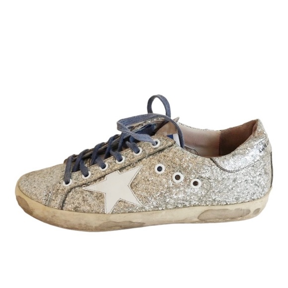 Golden Goose Shoes - Golden Goose Superstar Blue Lace Silver Glitter Sneakers